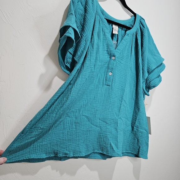 NWT Joie Blouse Teal Women Plus Size 1X Cotton Crinkle Flowy Flutter Sleeve NEW - Picture 6 of 16